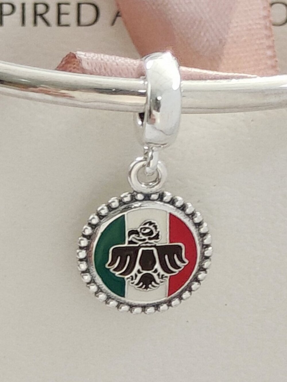 Pandora Engraving Bandera Mexico Aguila Real Dangle Charm Pendant S925 Silver